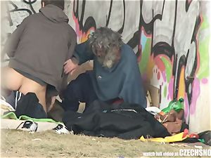 Homeless three-way Having lovemaking on Public